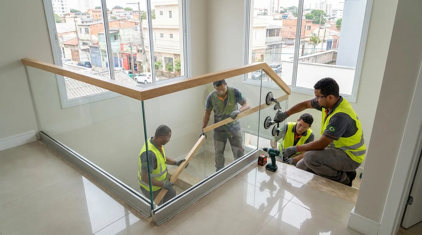 Painéis de guarda-corpo de vidro sendo instalados
